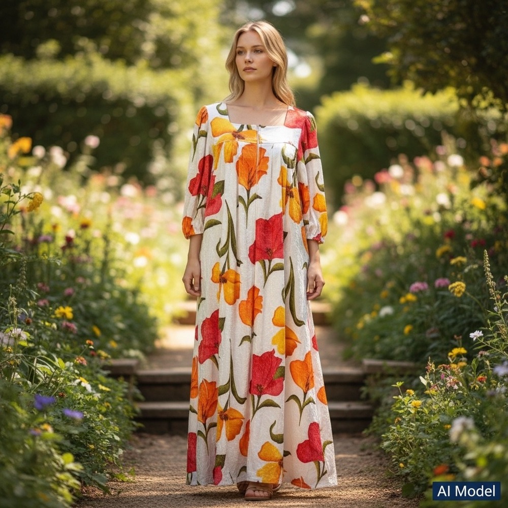 Krist Gudnason Maxi Dress Womens Small White Orange Floral Vintage 70s Kaftan